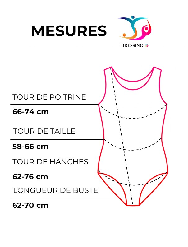 mesures à plat justaucorps GR rouge &amp; jaune, Elégance strass, 12-14A
